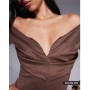 ASOS DESIGN sculpted bardot midi pencil dress with seam detailing in chocolate
