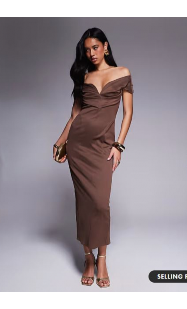 ASOS DESIGN sculpted bardot midi pencil dress with seam detailing in chocolate