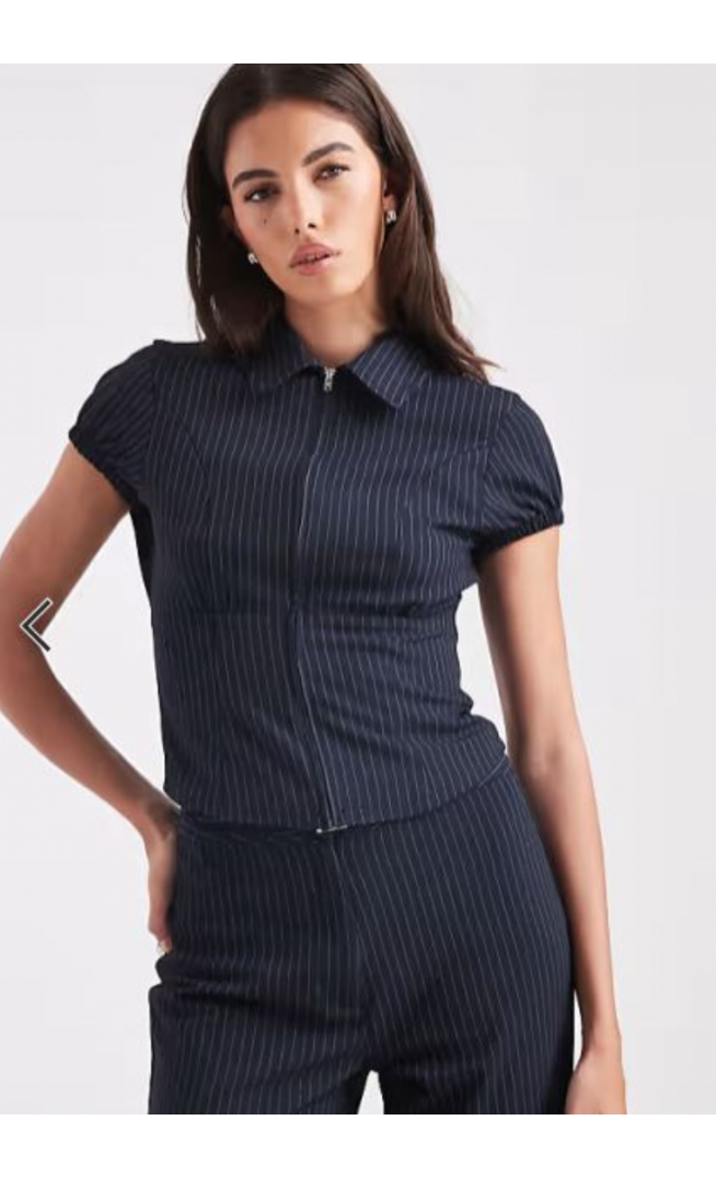 COLLUSION tailored pinstripe zip front shirt in navy