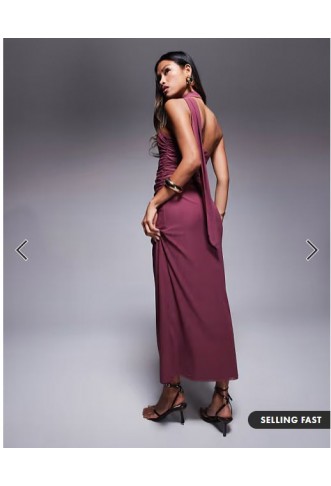 ASOS DESIGN bandeau mesh maxi dress with scarf detail in dusky pink