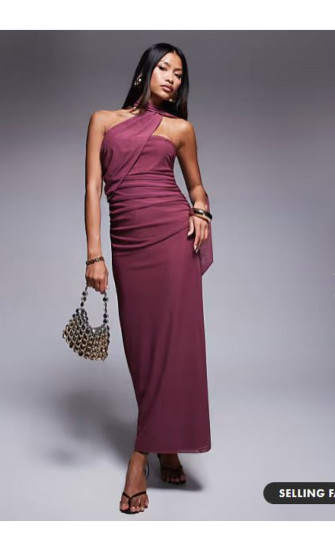 ASOS DESIGN bandeau mesh maxi dress with scarf detail in dusky pink