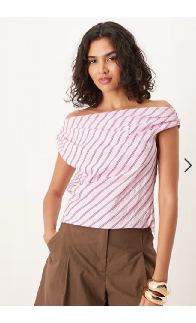 ASOS DESIGN modal drape off shoulder top in pink stripe co ord