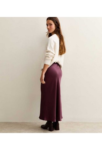 Petite Dark Burgundy Satin Bias Cut Midi Skirt