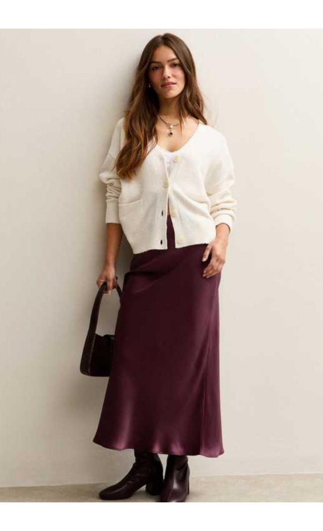Petite Dark Burgundy Satin Bias Cut Midi Skirt