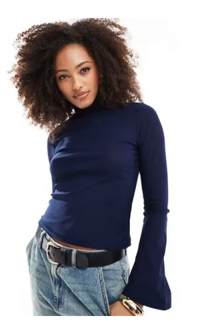 ASOS DESIGN flute sleeve roll neck top in navy