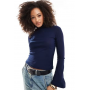 ASOS DESIGN flute sleeve roll neck top in navy