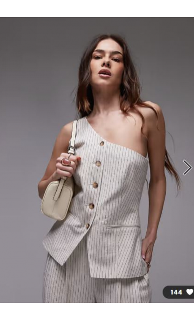 Topshop co ord linen stripe one shoulder top in cream
