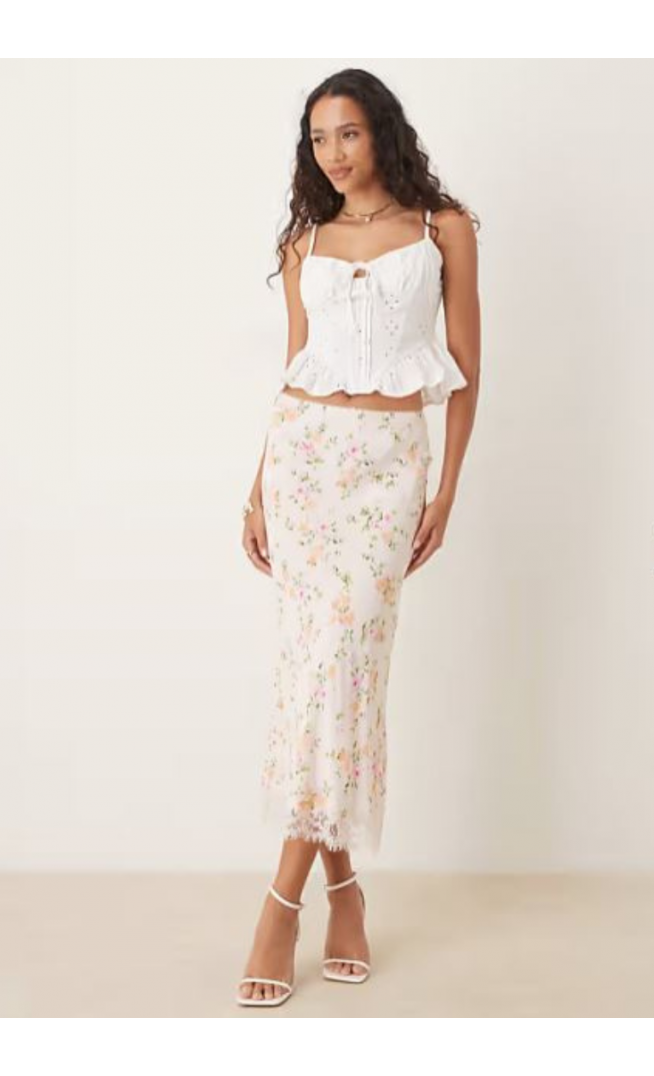 Mango lace trim maxi skirt in pink floral