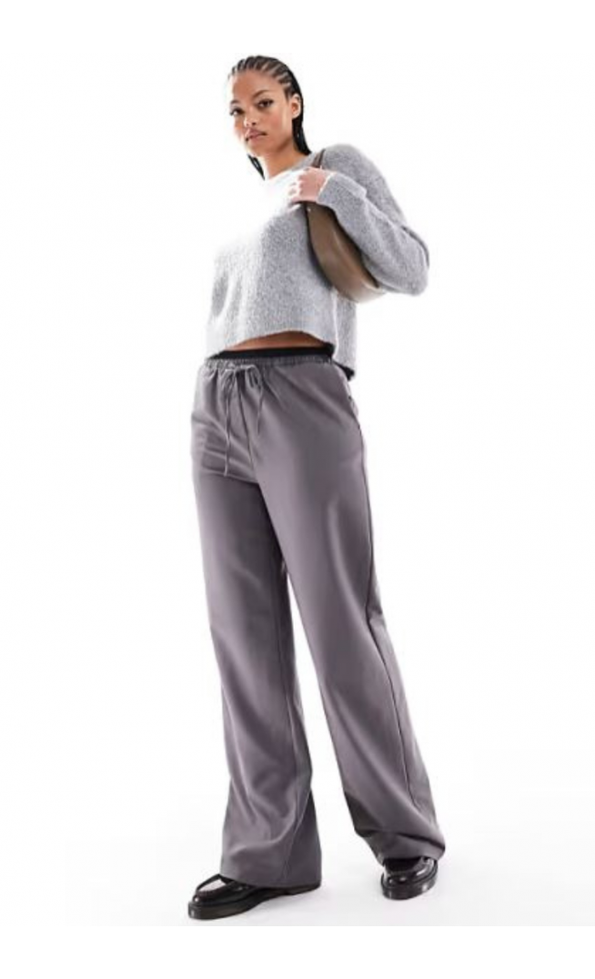 ASOS DESIGN Tall tailored wide leg trousers with contrast waistband in charcoal