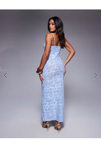 ASOS DESIGN cami square neckline sheer devore midi dress in blue