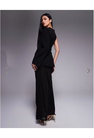 ASOS DESIGN one sleeve trim detail maxi dress with sheer skirt in black