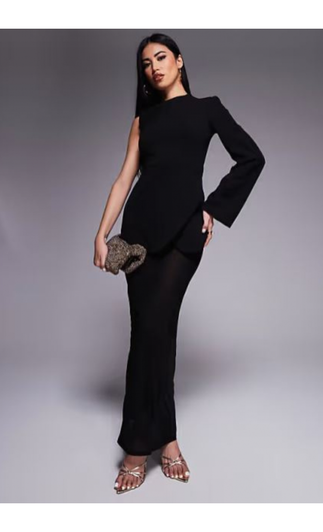 ASOS DESIGN one sleeve trim detail maxi dress with sheer skirt in black