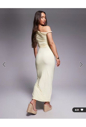 Kaiia exclusive double layered slinky twist off shoulder bodycon maxi dress in butter yellow