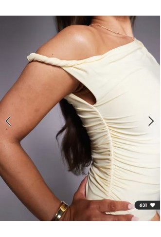 Kaiia exclusive double layered slinky twist off shoulder bodycon maxi dress in butter yellow