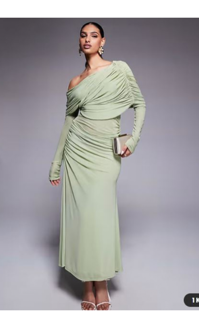 ASOS DESIGN long sleeve slouchy bardot mesh mix maxi dress in sage green - LGREEN