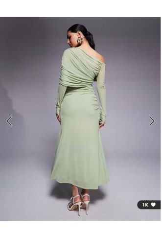 ASOS DESIGN long sleeve slouchy bardot mesh mix maxi dress in sage green - LGREEN