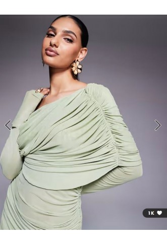 ASOS DESIGN long sleeve slouchy bardot mesh mix maxi dress in sage green - LGREEN
