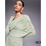 ASOS DESIGN long sleeve slouchy bardot mesh mix maxi dress in sage green - LGREEN