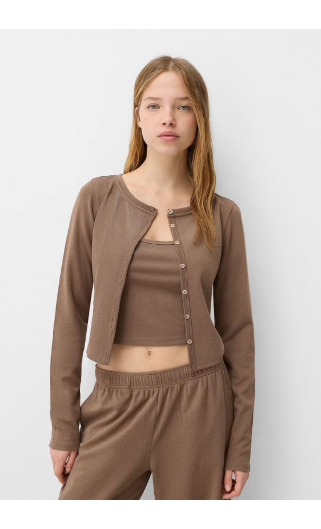 Bershka Knit Cardigan in Dark Beige