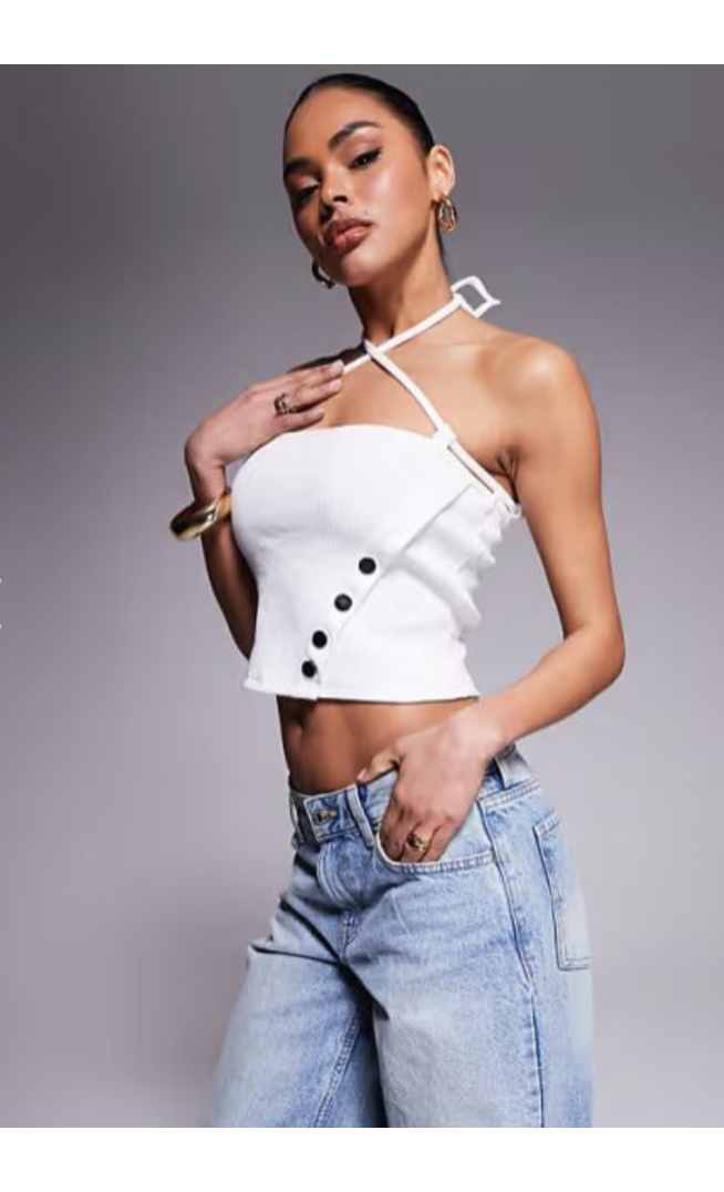 Liquor N Poker halter ribbed top with studs in white