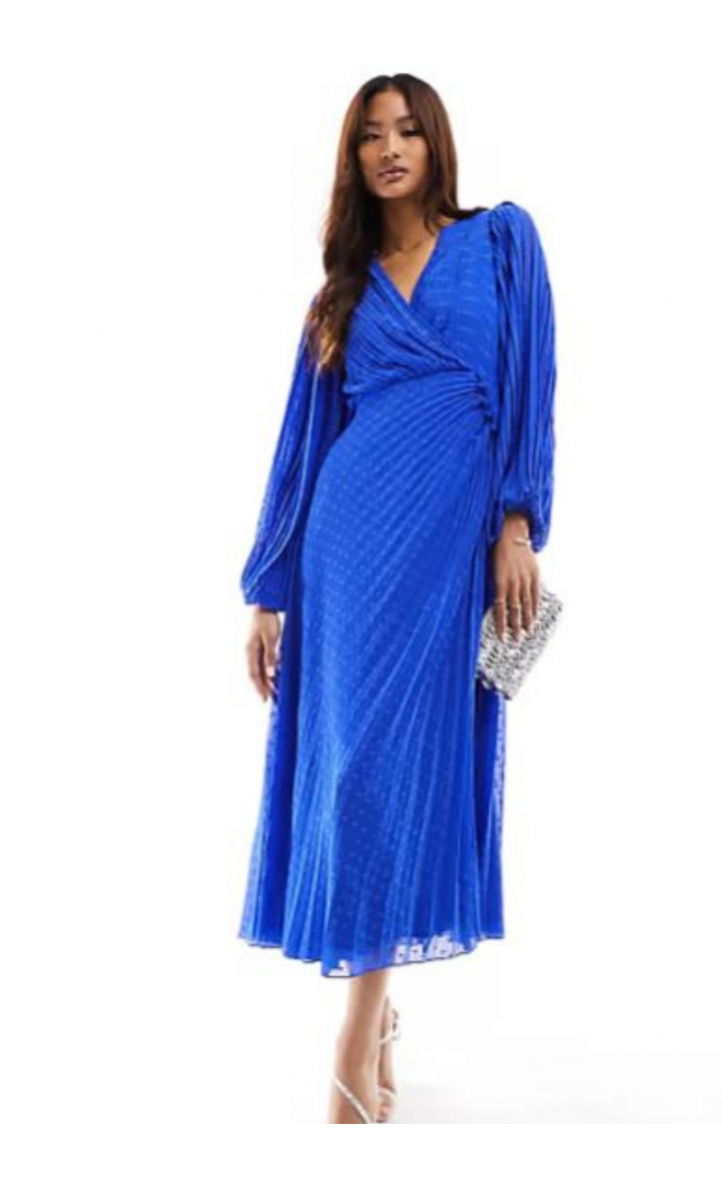 ASOS DESIGN pleated dobby chiffon wrap button detail maxi dress in cobalt