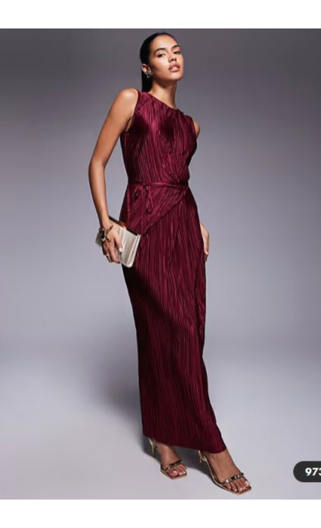 ASOS DESIGN plisse sleeveless wrap tie front maxi dress in wine