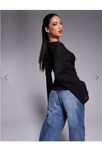 ASOS DESIGN mesh flared long sleeve boat neck top with slit detail at front in black