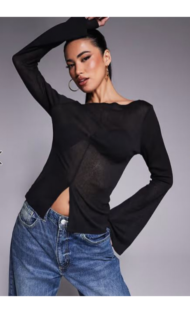 ASOS DESIGN mesh flared long sleeve boat neck top with slit detail at front in black