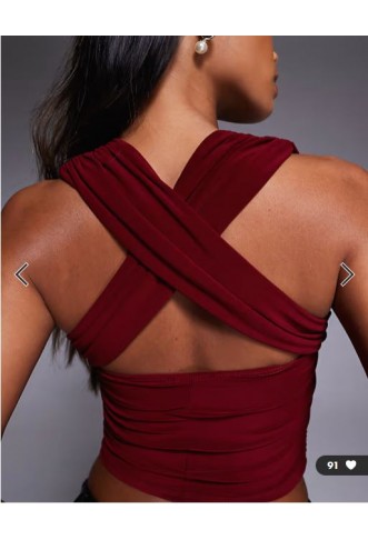 ASOS DESIGN slinky ruched bust halter top in burgundy
