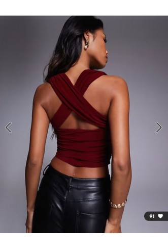ASOS DESIGN slinky ruched bust halter top in burgundy