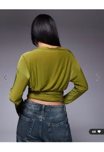 ASOS DESIGN slinky asymmetric one-shoulder long sleeve top with cinch waist detail in olive