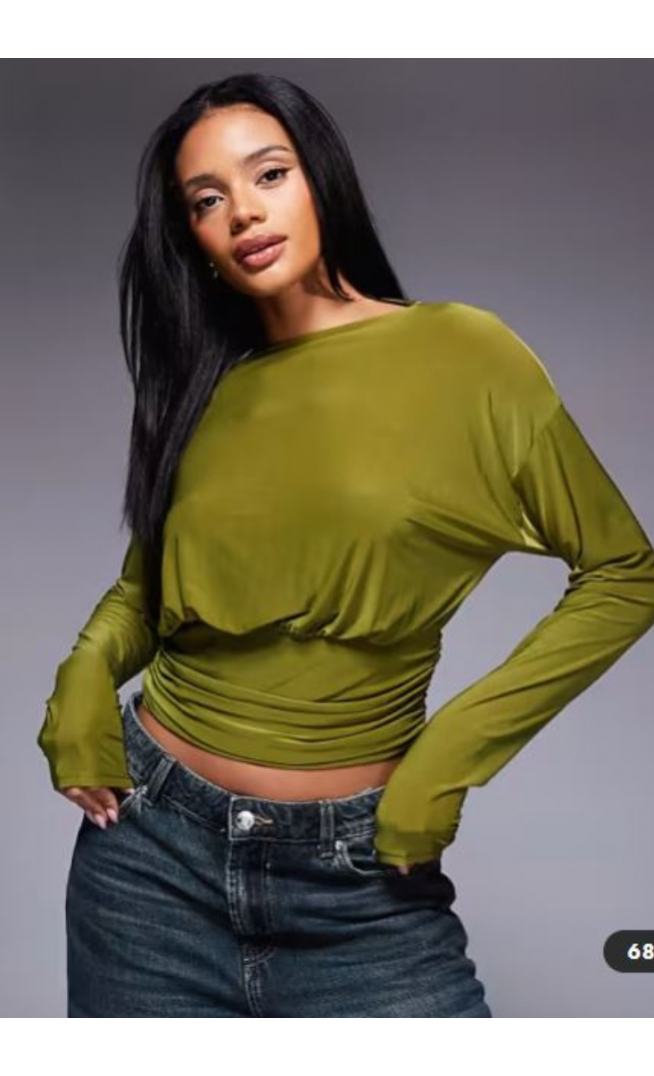 ASOS DESIGN slinky asymmetric one-shoulder long sleeve top with cinch waist detail in olive