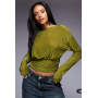 ASOS DESIGN slinky asymmetric one-shoulder long sleeve top with cinch waist detail in olive