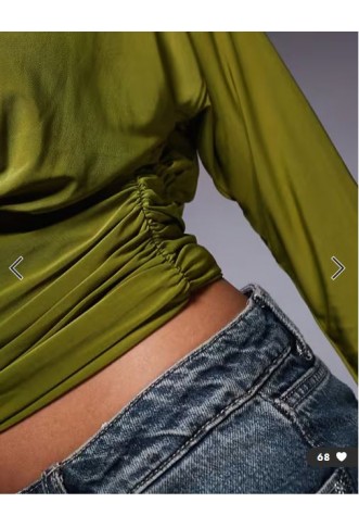 ASOS DESIGN slinky asymmetric one-shoulder long sleeve top with cinch waist detail in olive