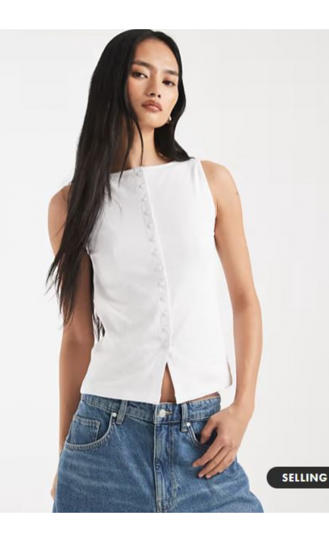 New Look boat neck button through tank top in white