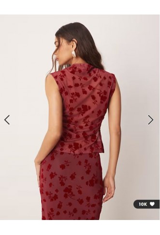 ASOS DESIGN ruched side high neck flocked mesh co ord top in red