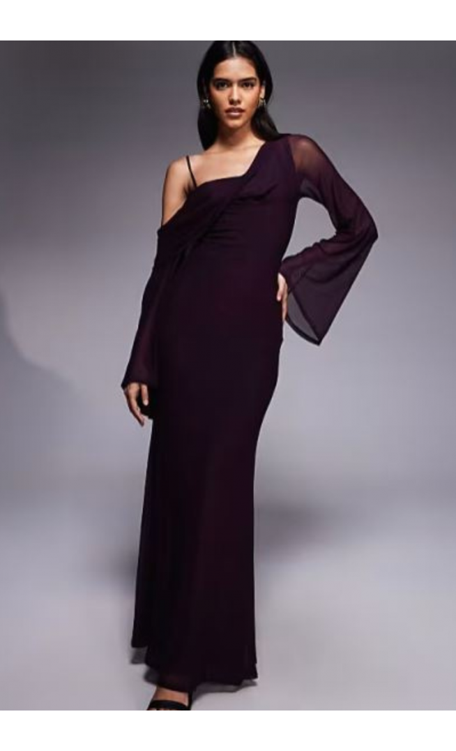 ASOS DESIGN mesh folded neckline midi dress with fallen shoulder in plum