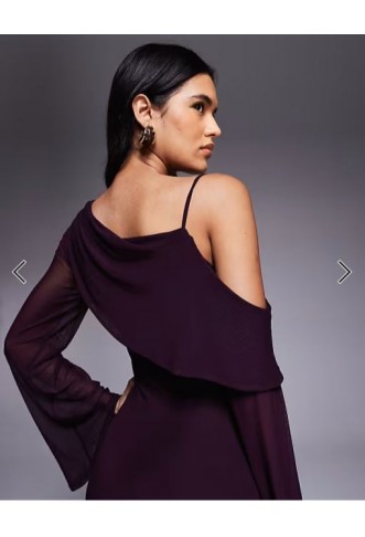 ASOS DESIGN mesh folded neckline midi dress with fallen shoulder in plum