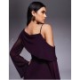 ASOS DESIGN mesh folded neckline midi dress with fallen shoulder in plum