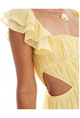ASOS Flutter Sleeve Corset Cut Out Mini Skater Dress in Yellow