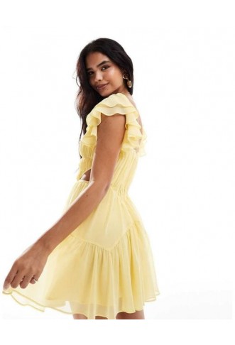 ASOS Flutter Sleeve Corset Cut Out Mini Skater Dress in Yellow