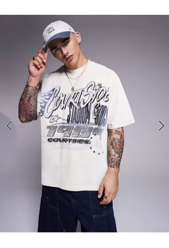 Courtside motif detail oversized 250 gsm t-shirt in cream