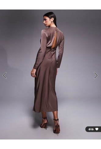 ASOS DESIGN long sleeved high neck pleated bodice midi dress in chocolate