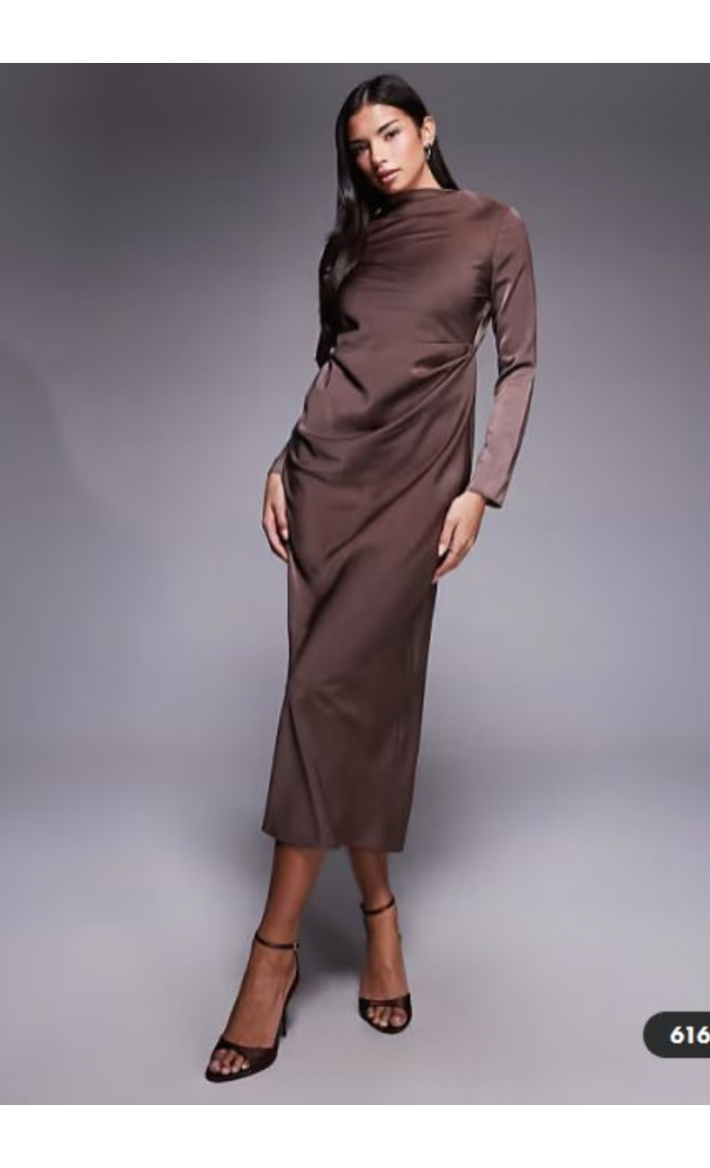 ASOS DESIGN long sleeved high neck pleated bodice midi dress in chocolate
