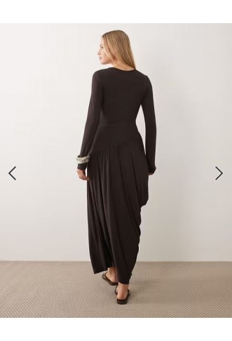 ASOS DESIGN long sleeve draped skirt midi dress in chocolate