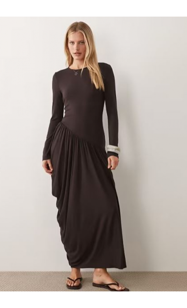 ASOS DESIGN long sleeve draped skirt midi dress in chocolate