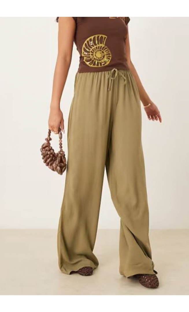 ASOS DESIGN linen blend pull on trouser in khaki