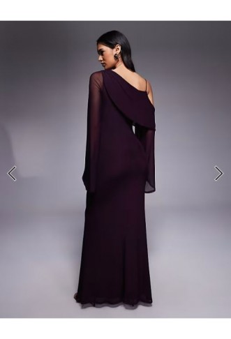ASOS DESIGN mesh folded neckline midi dress with fallen shoulder in plum