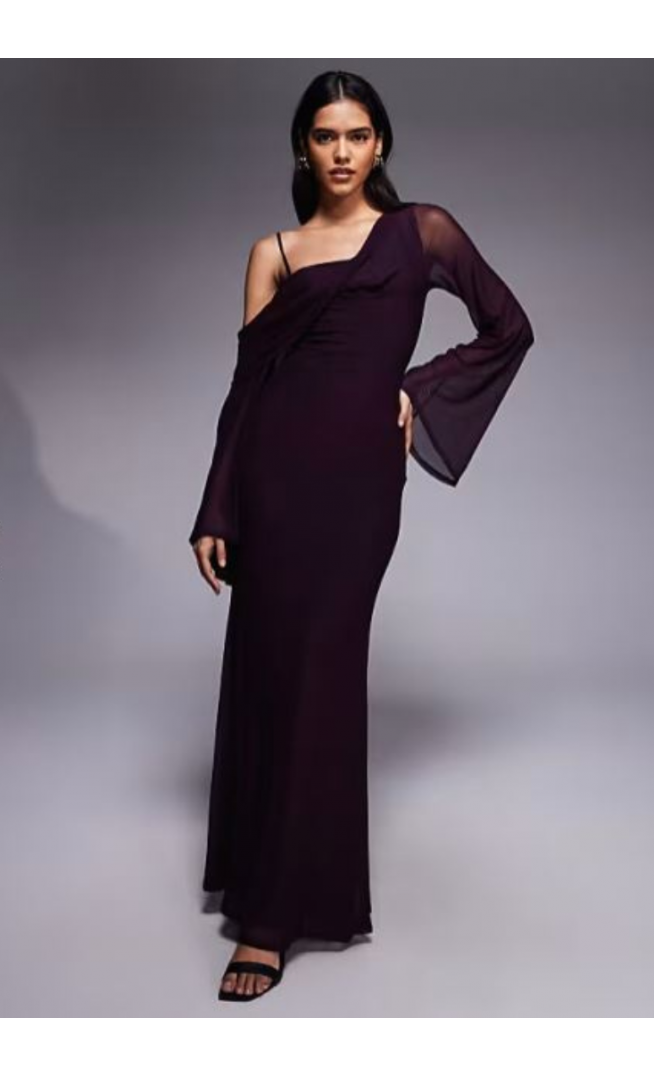 ASOS DESIGN mesh folded neckline midi dress with fallen shoulder in plum