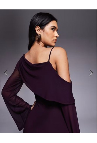 ASOS DESIGN mesh folded neckline midi dress with fallen shoulder in plum